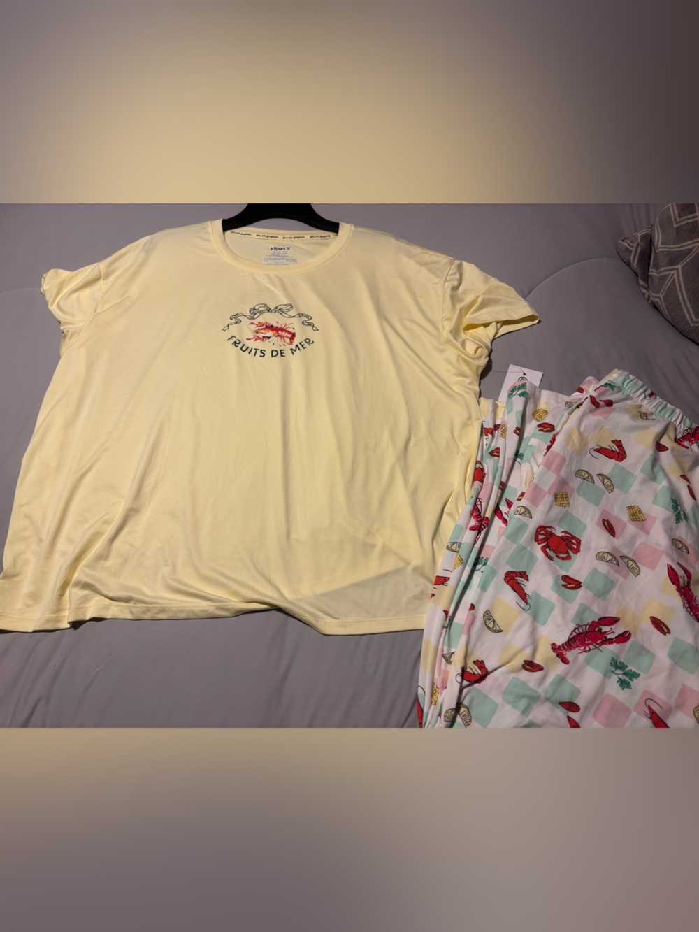Women’s yellow Joyspun Graphic Short Sleeve Sleep Tee and Printed Pajama lobster